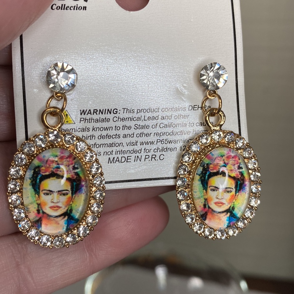 Frida Khalo drop style dangling earrings rhinestones - Picture 4 of 5
